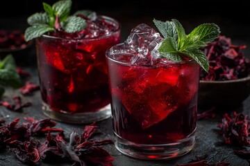 Refreshing hibiscus drinks with ice and mint leaves served in clear glasses against a dark background with dried hibiscus petals scattered
