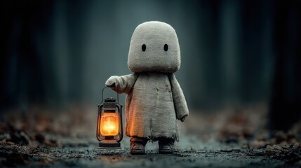 A whimsical cloth doll with a lantern illuminating the forest path and creating a spooky atmosphere