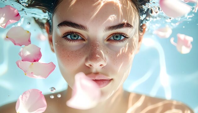 Beautiful Woman Underwater Surrounded by Pink Flower Petals.