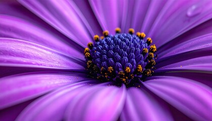 Close Up of a Vibrant Purple Daisy Flower with a Dark Blue Center and Golden Pollen Under Natural Lighting