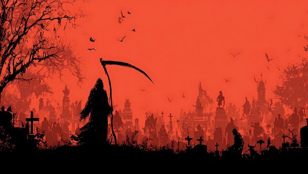 Grim Reaper Silhouette in Creepy Cemetery Against Red Halloween Sky