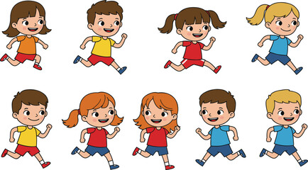 Cartoon children running, happy kids playing, diverse group of boys and girls, colorful outfits, childhood fun, outdoor activity, exercise, teamwork, friendship, smiling faces, energy