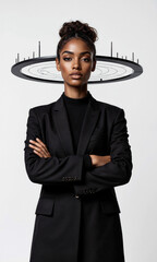 Black woman with floating radar ring scanning outward, symbolizing perception and awareness, isolated , 3D stylized, clean light, waist-up