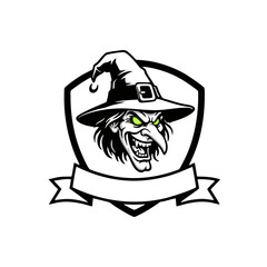 Wicked Witch Logo Inside Shield Frame, Mascot Style, Halloween Vector Illustration