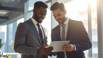 Two diverse businessmen in suits smiling and looking at a tablet in a modern office with bright sunlight.