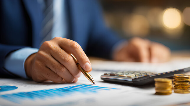 Businessman using a calculator and writing financial data. Budget planning, accounting, tax calculation, expense tracking, and financial management for corporate and personal finance. - Powered by Adobe