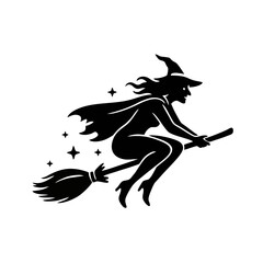 Silhouette Wicked Witch Logo, Witch Flying on Broomstick, Halloween Vector Illustration