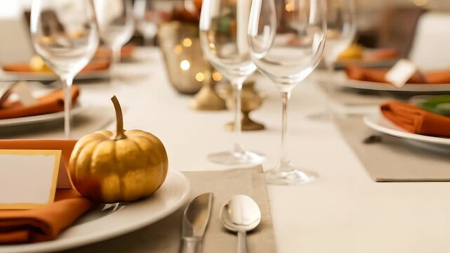 Thanksgiving table setting: Festive dinner arrangement showcases autumn decor, golden pumpkins, and elegant place settings. Ideal for holiday events, family celebrations, and fall season.