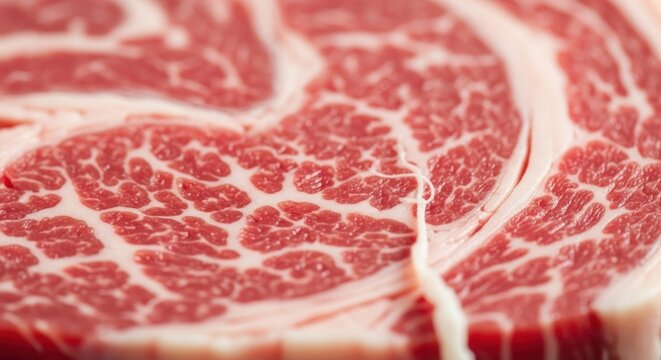 Extreme close-up of raw, vibrant red meat showcasing intricate white fat marbling throughout the cut - Powered by Adobe
