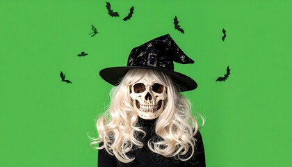 Spooky Halloween Witch with Skull Mask and Bats on Green Background.
