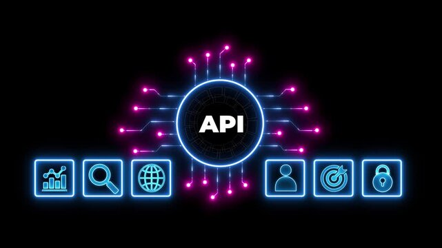 API Application Programming Interface Concept. A programmer types on a laptop, interacting with digital icons representing API development, security, and cloud computing. Application Software Tool