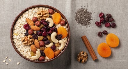 A brown bowl filled with rolled oats, topped with colorful nuts, dried fruits, and a few spices nearby on a light fabric