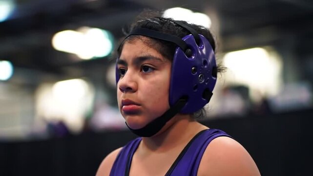 Girl wrestler in purple headgear gazes forward