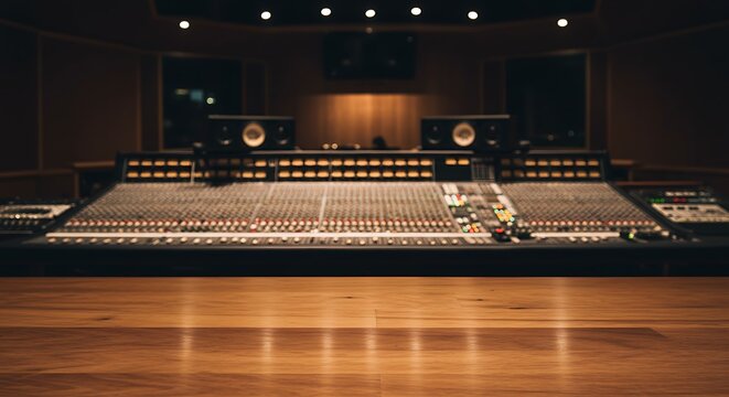 Professional recording studio with a large mixing console and speakers in a warm wooden room for commercial usage and mockups - Powered by Adobe