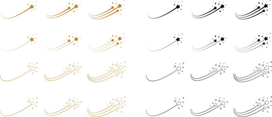 Shooting star icon set with gold, black and outline falling stars, celestial night sky sparkle and comet trail symbols, vector collection for magic, fantasy, astrology and decoration design