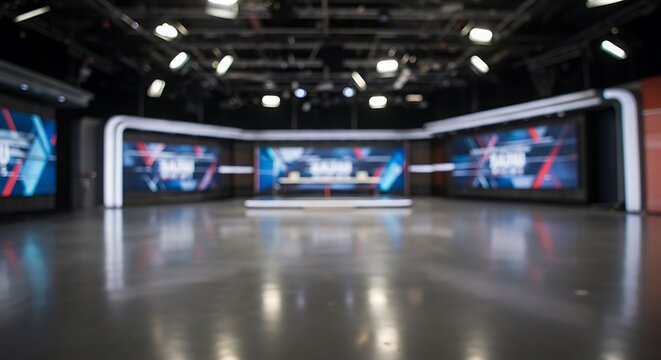 Modern television studio with large screens displaying graphics and a news desk for commercial usage and mockups