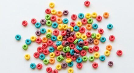 Vibrant, sweet, fruit-flavored, crunchy, ring-shaped breakfast cereal pieces scattered on a clean white background