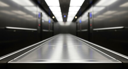 Fototapeta premium Modern elevator interior with a long reflective floor and ceiling lights for commercial usage and mockups