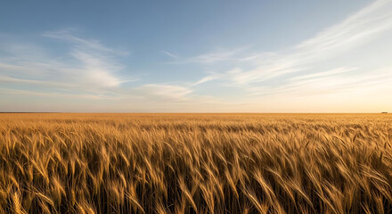 Obraz premium A vast field of golden wheat under a clear blue sky with soft clouds at golden hour of the day ai generated