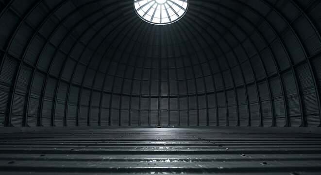 Vast, empty industrial hangar with ribbed walls and a circular skylight illuminating the floor for commercial usage and mockups