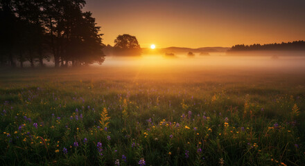 Morning Mist, Sunrise Over Meadow, Wildflowers in Bloom
