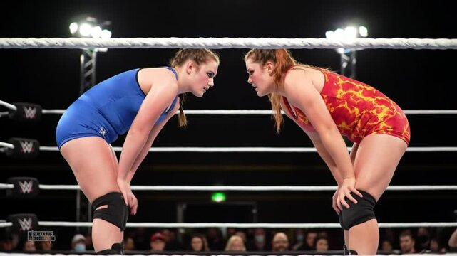 Intensely glaring wrestlers clash prematch faceoff