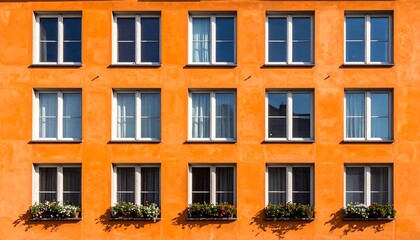 Obraz premium Orange Building Facade with Symmetrical Window Arrangement.