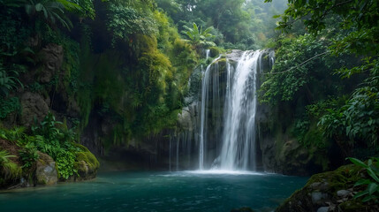 Lush green jungle waterfall cascading into a clear turquoise pool