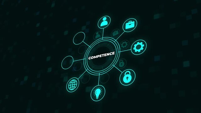 competence with business icons, highlighting skill development and career growth in a modern work environment.