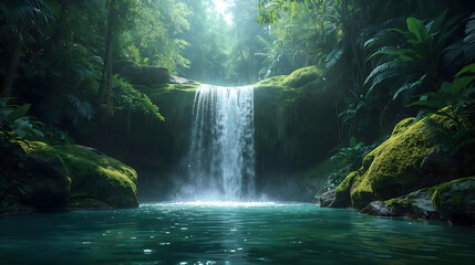 Lush tropical waterfall cascading into a serene pool