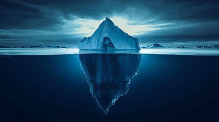 Majestic iceberg reflecting in deep blue ocean under dramatic sky