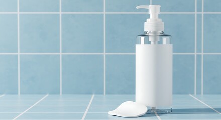 Clear plastic pump bottle with white label and soap on blue tiled background for commercial usage and mockups