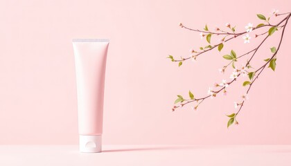 Elegant display of a cosmetic tube with spring blossoms against a soft pink backdrop for a refreshing and natural beauty concept