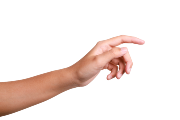 A woman's hand with an extended index finger, as if pressing something isolated on white background with clipping path.index finger reaching t touch, tap, click.
