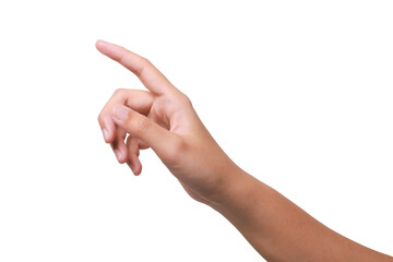 A woman's hand with an extended index finger, as if pressing something isolated on white background...