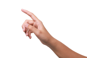 A woman's hand with an extended index finger, as if pressing something isolated on white background with clipping path.index finger reaching t touch, tap, click.