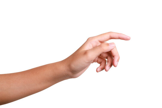 A woman's hand with an extended index finger, as if pressing something isolated on white background with clipping path.index finger reaching t touch, tap, click.