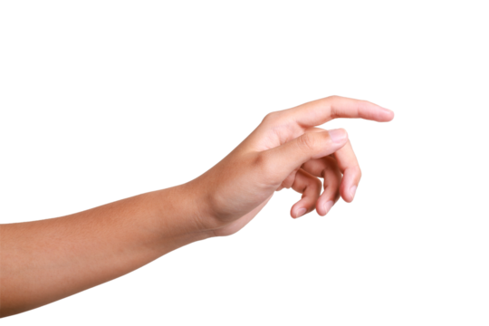 A woman's hand with an extended index finger, as if pressing something isolated on white background with clipping path.index finger reaching t touch, tap, click.