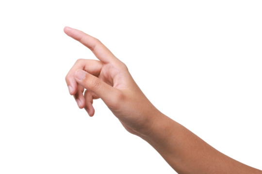 A woman's hand with an extended index finger, as if pressing something isolated on white background with clipping path.index finger reaching t touch, tap, click.