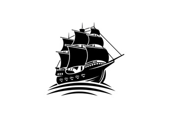 Classic Black and White Tall Ship Sailing through Ocean Waves, Representing Adventure and Maritime Heritage