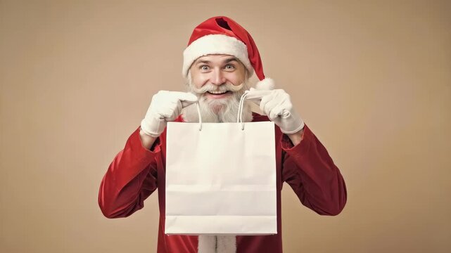 Santa Claus in costume holding white paper bag with copy space, concept for holiday shopping, gifts, and Christmas promotions