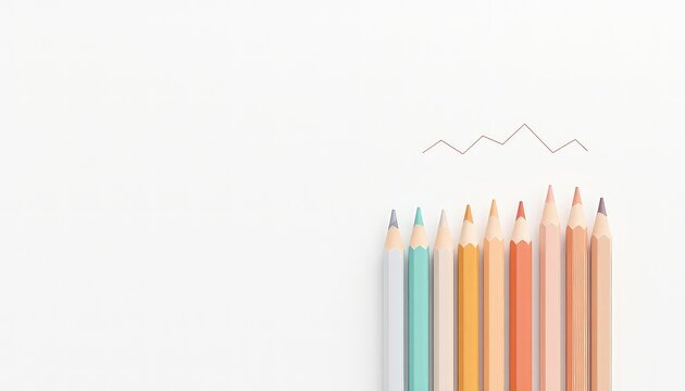 Colored Pencils with a Drawn Line Graph Symbolize Ideas, Creativity, Success, and Growth on a Clean White Background