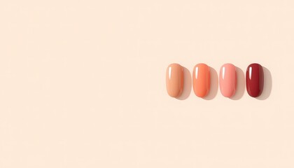 Row of polished nail samples on light beige backdrop, demonstrating different shades, perfect for cosmetic advertising