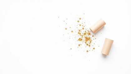 Minimalistic arrangement featuring cylindrical wooden shapes and an array of golden star-shaped glitters against a stark white backdrop