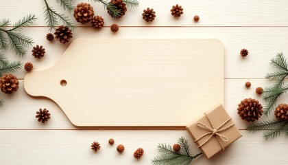Wood cutting board mockup with evergreens, pinecones, and a wrapped present for holiday promotions and winter themed announcements