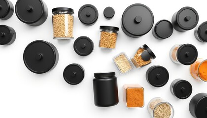 A Flat Lay Composition of Food Storage Jars and Matching Black Lids Arranged on a Clean White Surface
