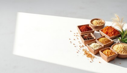 Various wooden bowls and containers holding aromatic spices and ingredients, with scattered seeds on a bright white surface