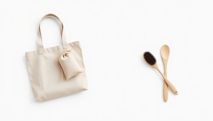 Minimalist lifestyle still life showing a canvas tote bag, small pouch, wooden spoon, and hairbrush on white