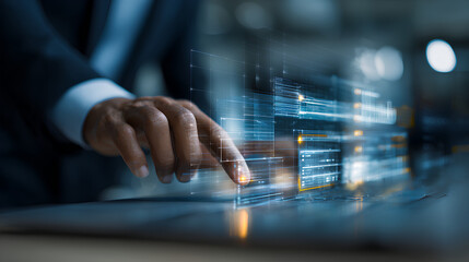 Businessman using AI and digital tools for salary management, payroll automation, financial analysis, accounting, and employee data management through online systems.