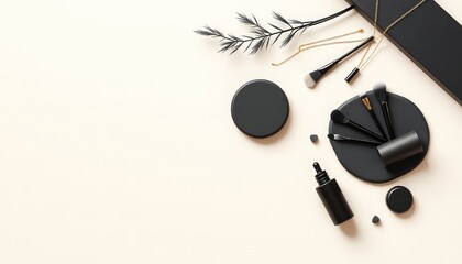 Sophisticated beauty arrangement showcasing a curated selection of sleek black cosmetic tools and elegant gold accessories, presented with minimalist styling